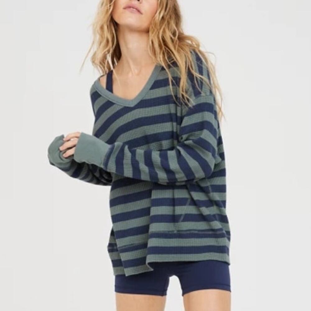 OFFLINE Aerie Wow! Waffle Oversized Top Womens XS Green Blue Striped Thermal Tee